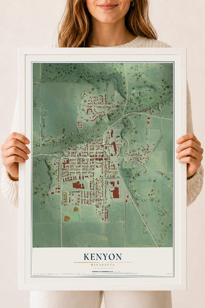 Map of Kenyon, Minnesota, 18 x 24 inch print in a white wood frame