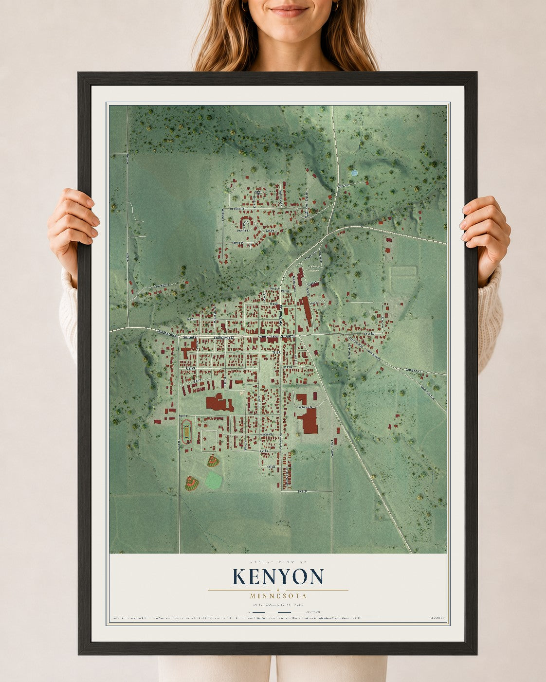 Map of Kenyon, Minnesota, 24 x 36 inch print in a black wood frame