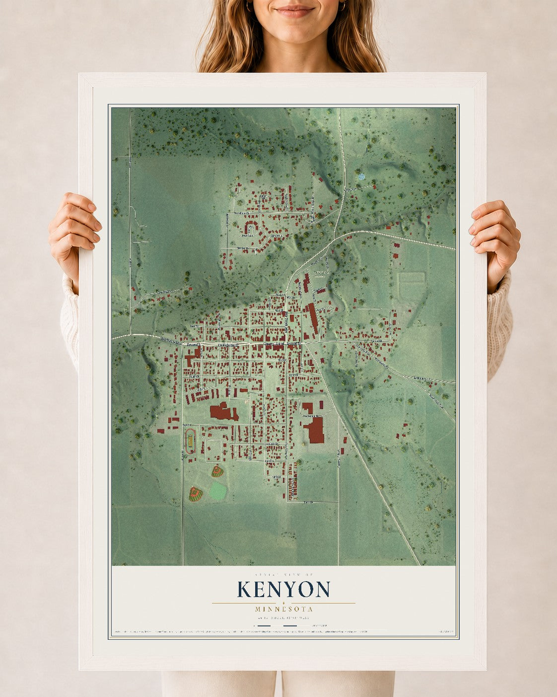Map of Kenyon, Minnesota, 24 x 36 inch print in a white wood frame