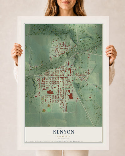 Map of Kenyon, Minnesota, 24 x 36 inch print in a white wood frame