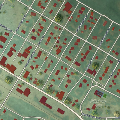Close-up of the map of Kerkhoven, Minnesota print showing street and building detail