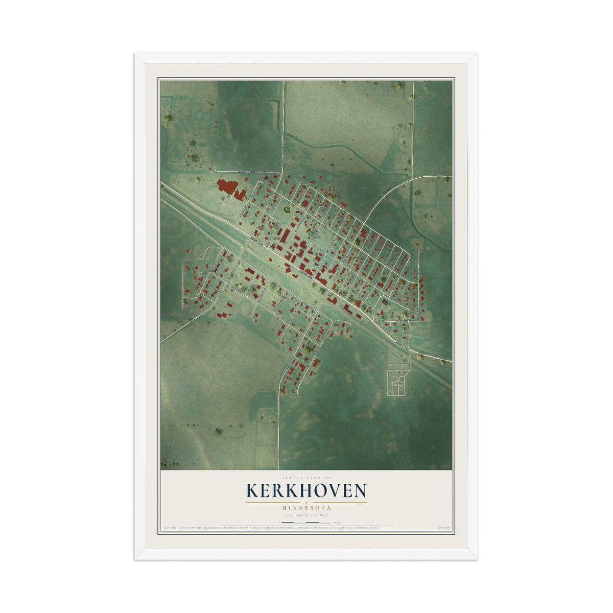Map of Kerkhoven, Minnesota, 12 x 18 inch print in a white wood frame