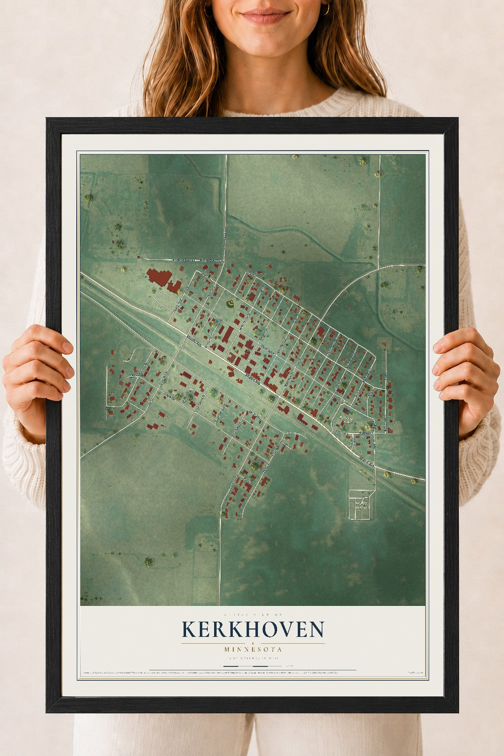 Map of Kerkhoven, Minnesota, 18 x 24 inch print in a black wood frame