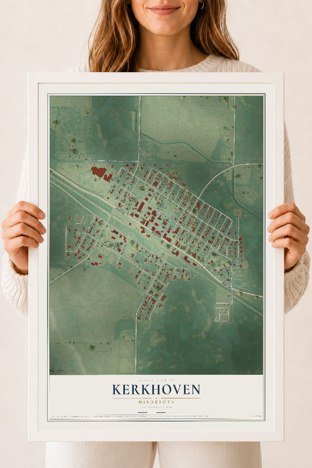 Map of Kerkhoven, Minnesota, 18 x 24 inch print in a white wood frame