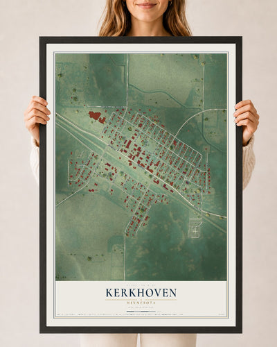Map of Kerkhoven, Minnesota, 24 x 36 inch print in a black wood frame