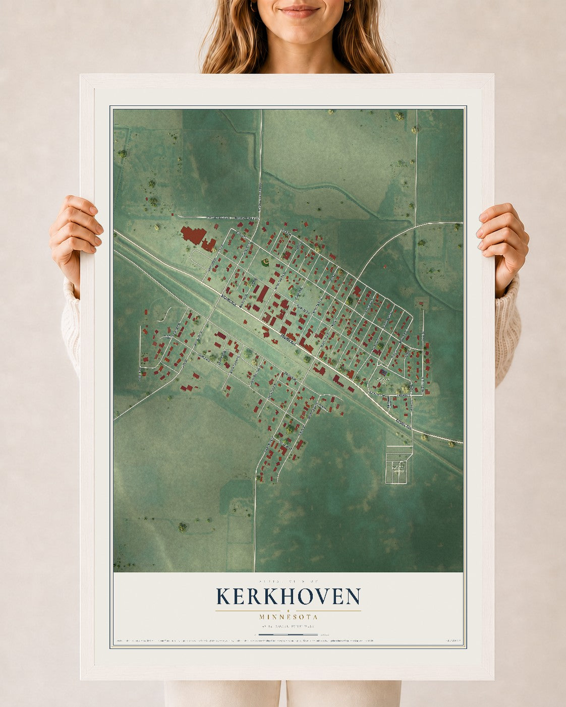 Map of Kerkhoven, Minnesota, 24 x 36 inch print in a white wood frame