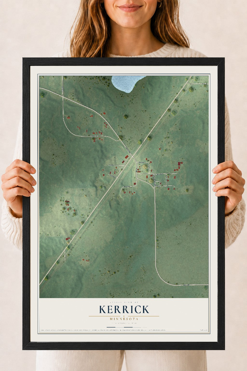 Map of Kerrick, Minnesota, 18 x 24 inch print in a black wood frame