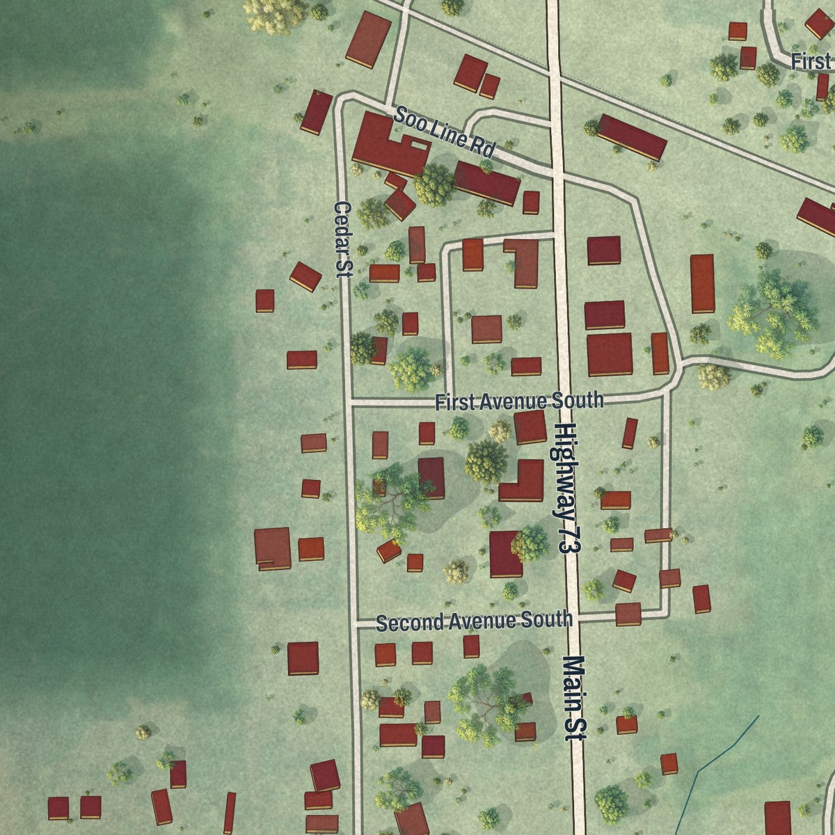 Close-up of the map of Kettle River, Minnesota print showing street and building detail