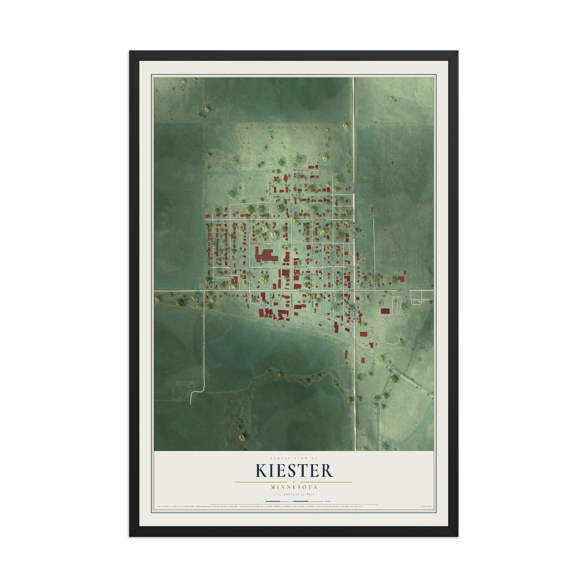 Map of Kiester, Minnesota, 12 x 18 inch print in a black wood frame