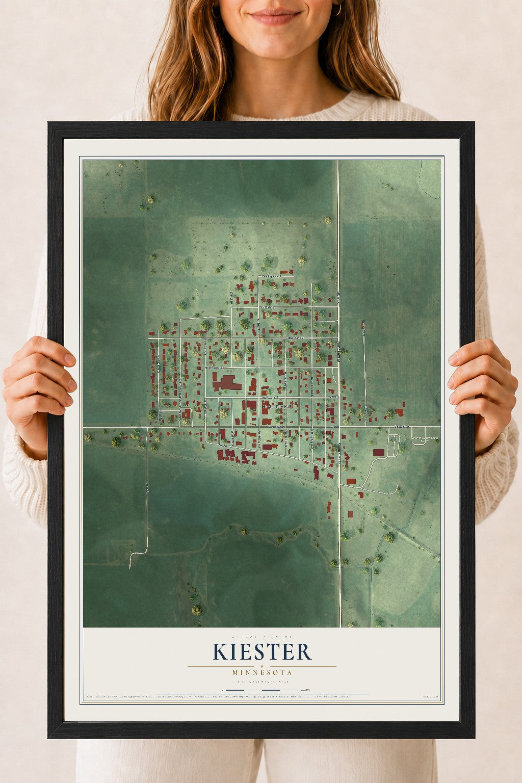 Map of Kiester, Minnesota, 18 x 24 inch print in a black wood frame