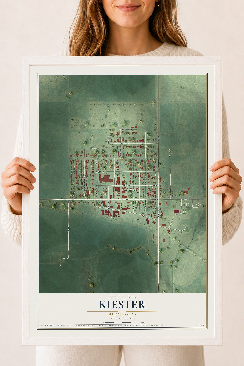 Map of Kiester, Minnesota, 18 x 24 inch print in a white wood frame
