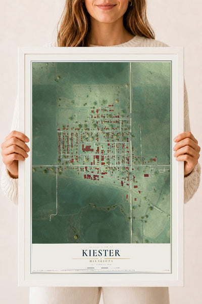 Map of Kiester, Minnesota, 18 x 24 inch print in a white wood frame
