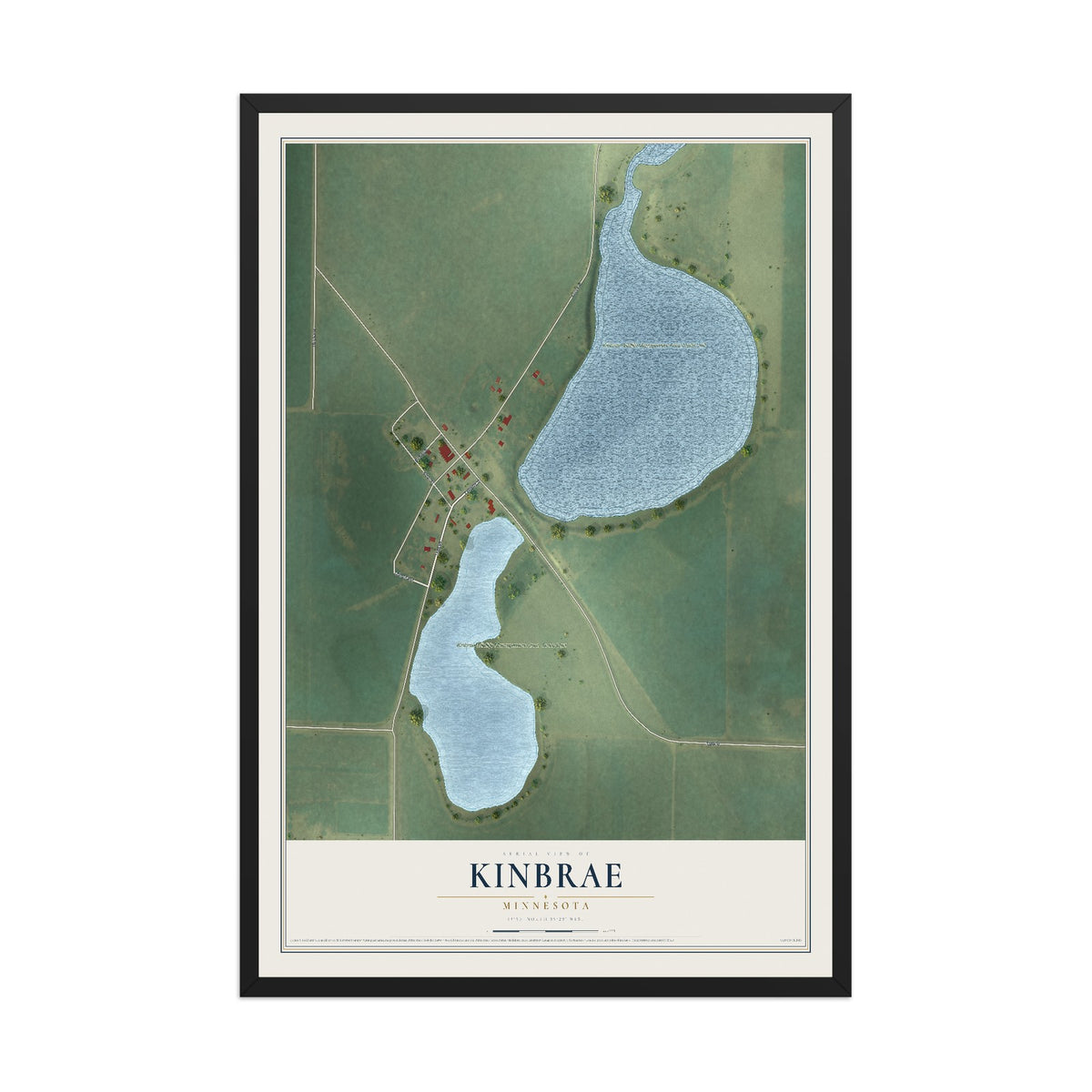 Map of Kinbrae, Minnesota, 12 x 18 inch print in a black wood frame