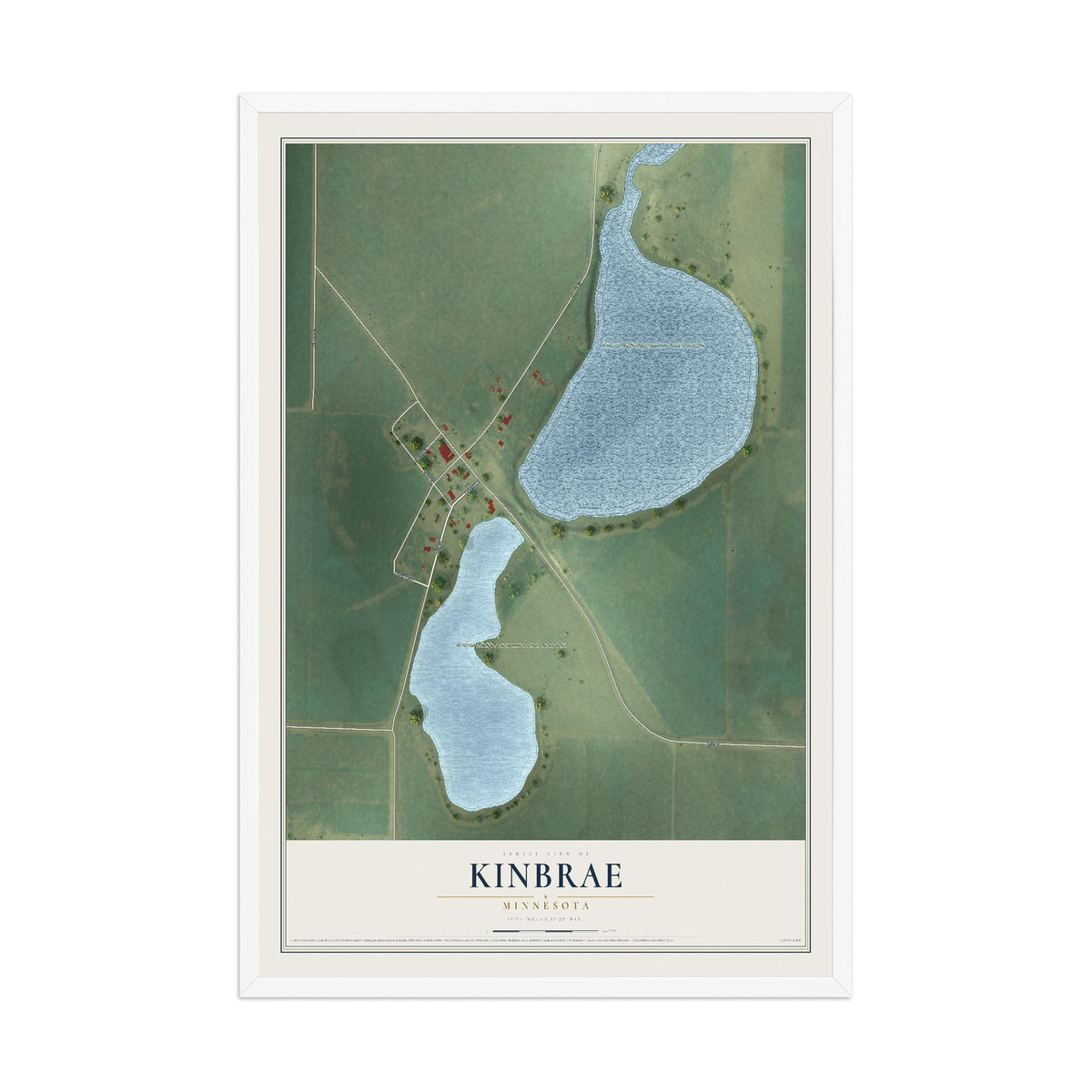 Map of Kinbrae, Minnesota, 12 x 18 inch print in a white wood frame