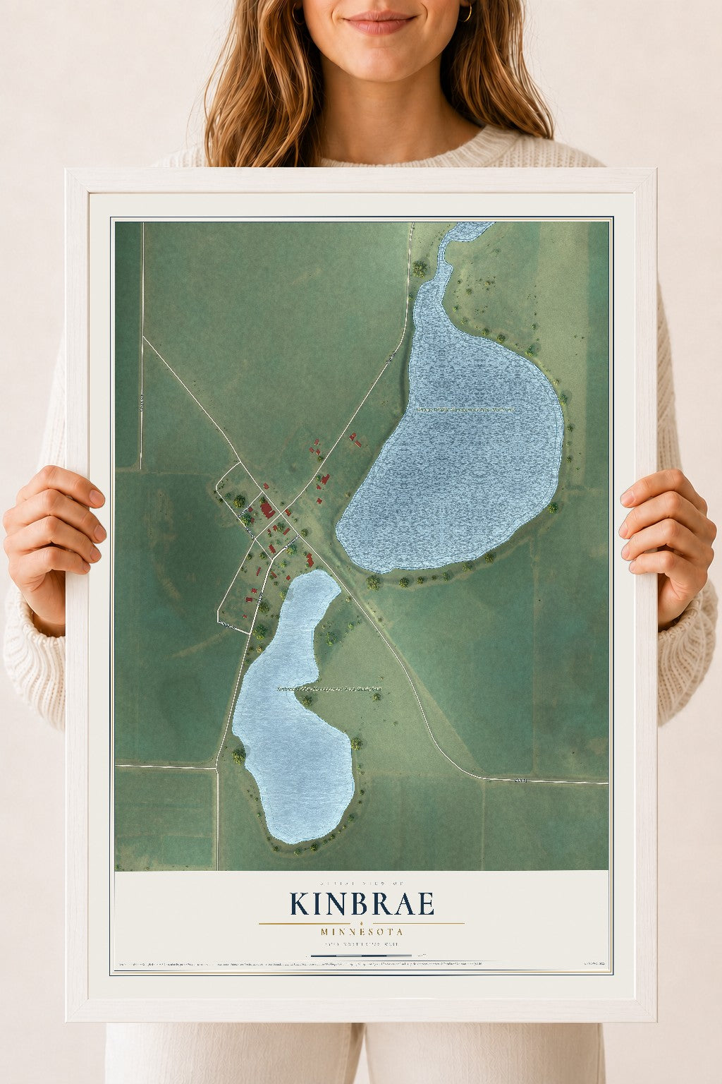 Map of Kinbrae, Minnesota, 18 x 24 inch print in a white wood frame