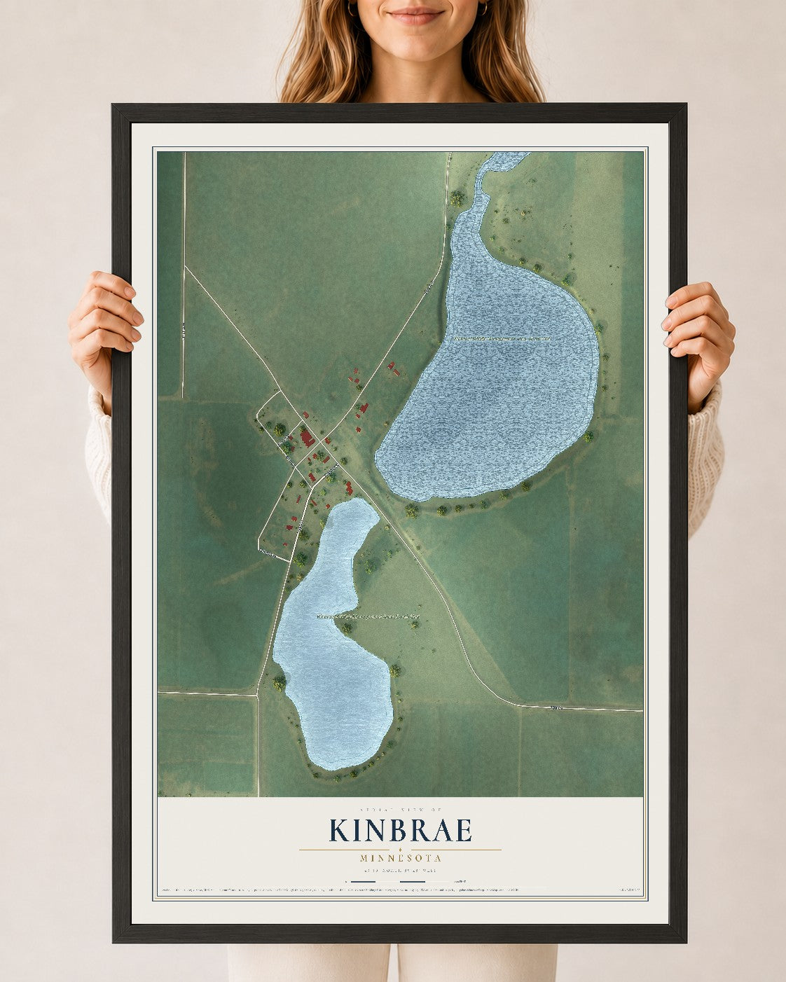 Map of Kinbrae, Minnesota, 24 x 36 inch print in a black wood frame