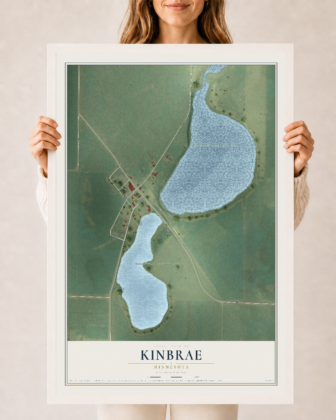 Map of Kinbrae, Minnesota, 24 x 36 inch print in a white wood frame