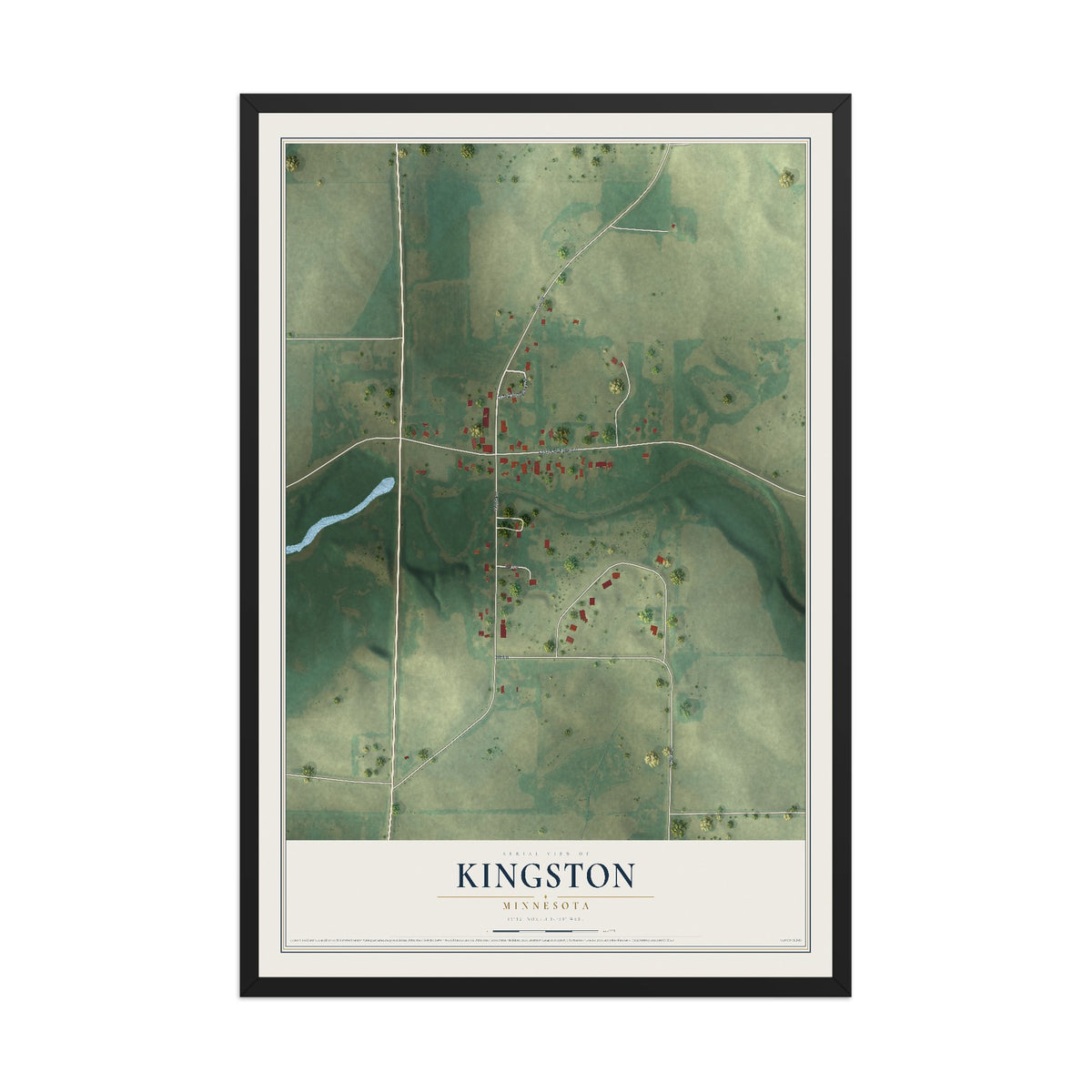Map of Kingston, Minnesota, 12 x 18 inch print in a black wood frame