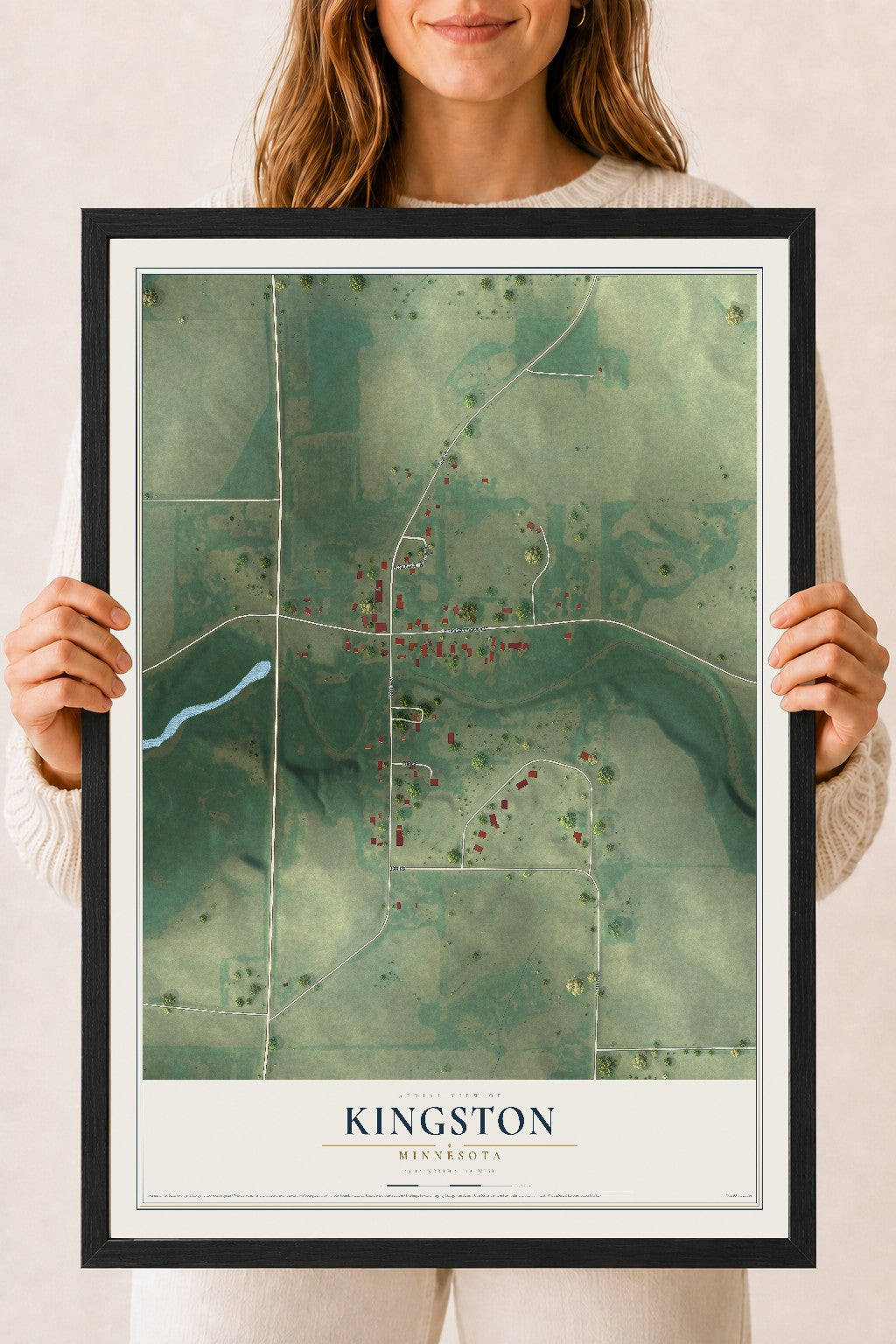 Map of Kingston, Minnesota, 18 x 24 inch print in a black wood frame