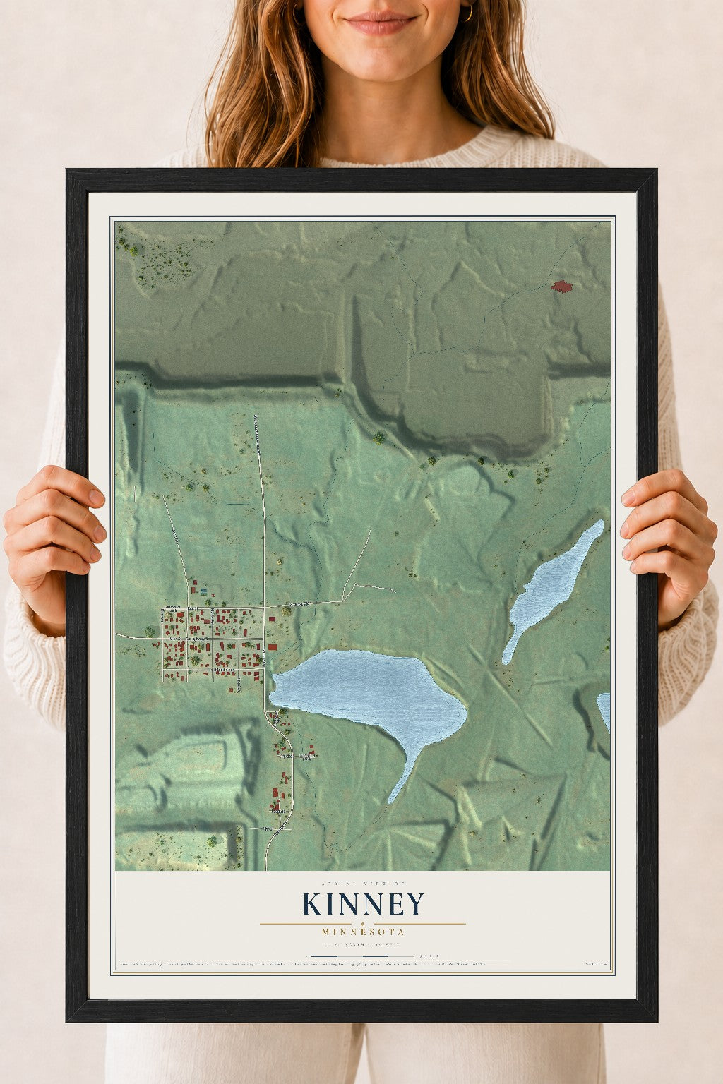 Map of Kinney, Minnesota, 18 x 24 inch print in a black wood frame