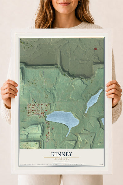 Map of Kinney, Minnesota, 18 x 24 inch print in a white wood frame