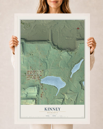 Map of Kinney, Minnesota, 24 x 36 inch print in a white wood frame