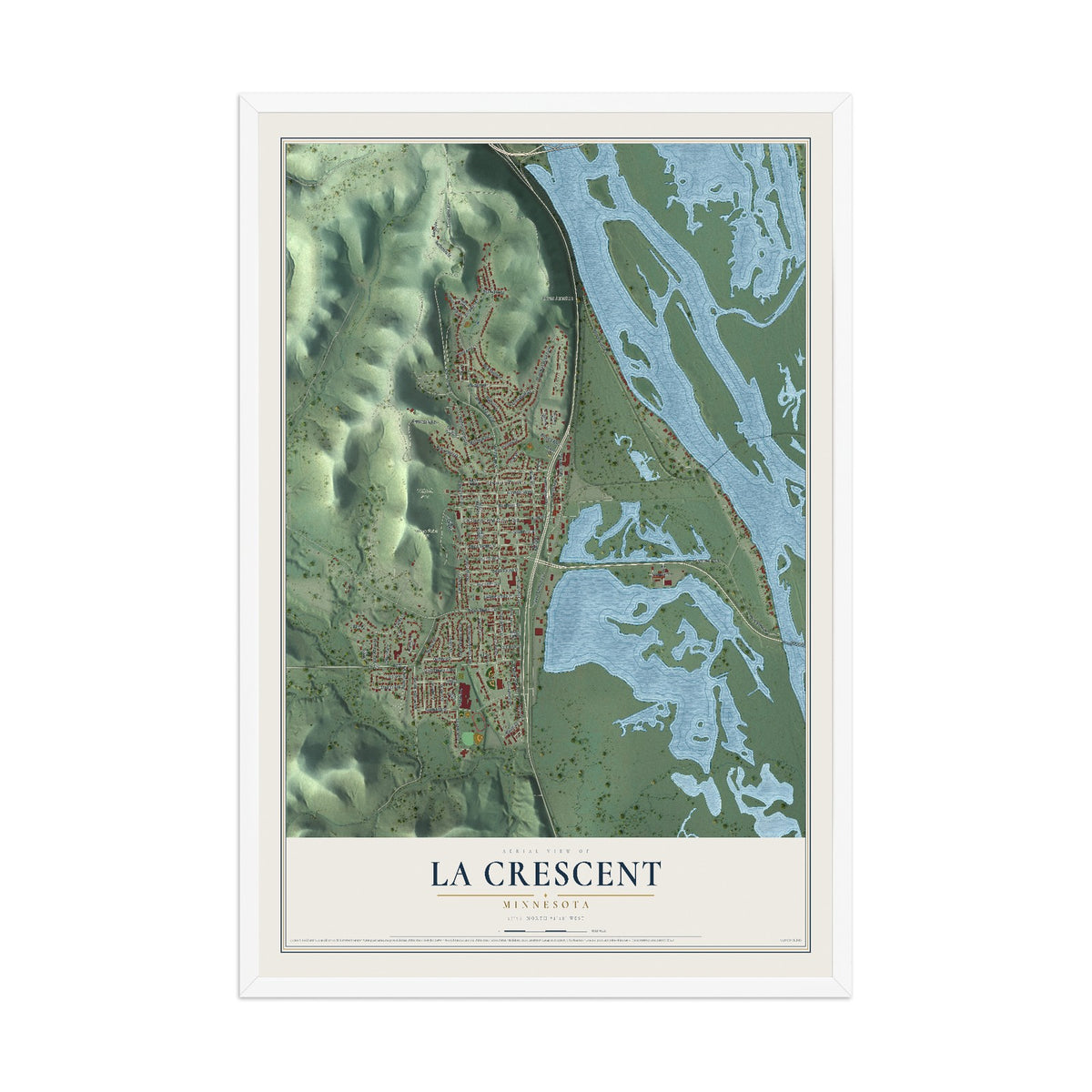 Map of La Crescent, Minnesota, 12 x 18 inch print in a white wood frame