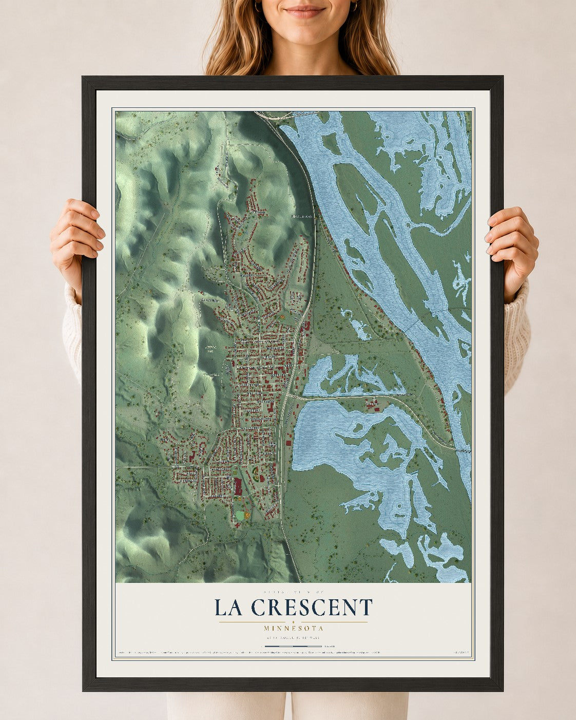 Map of La Crescent, Minnesota, 24 x 36 inch print in a black wood frame