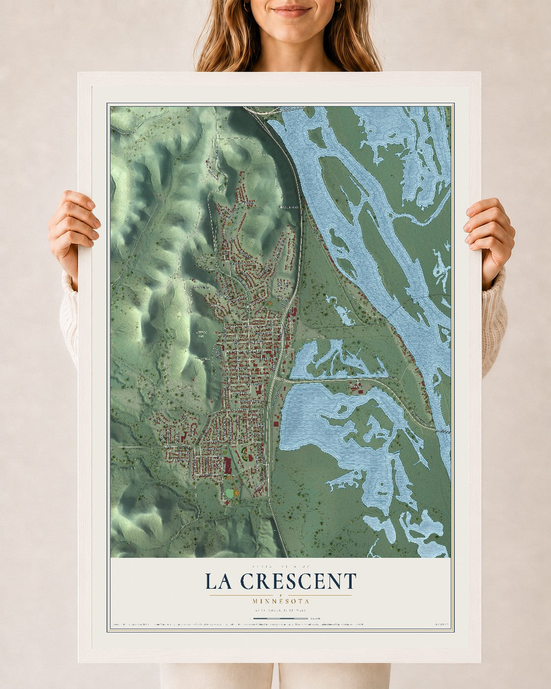 Map of La Crescent, Minnesota, 24 x 36 inch print in a white wood frame