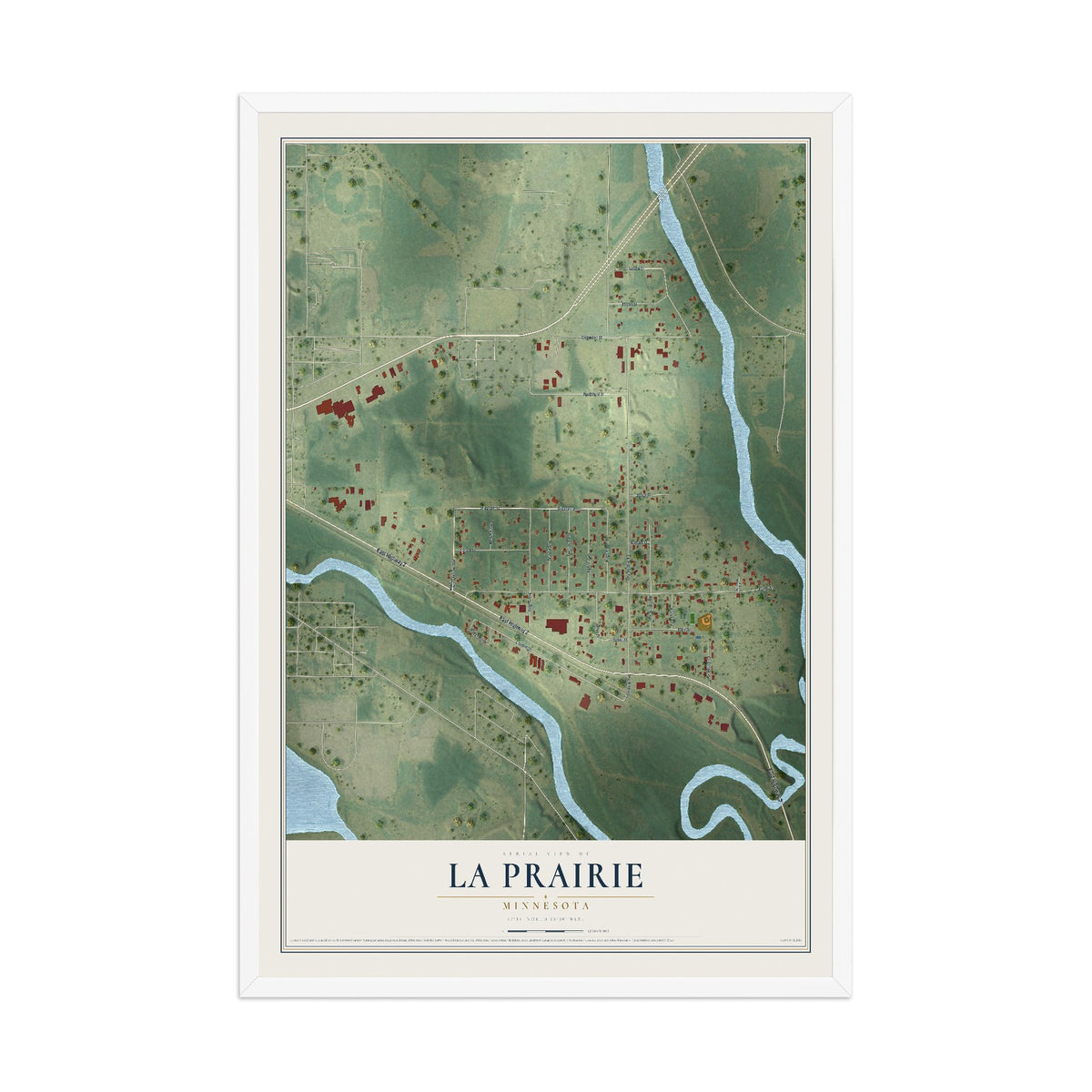 Map of La Prairie, Minnesota, 12 x 18 inch print in a white wood frame