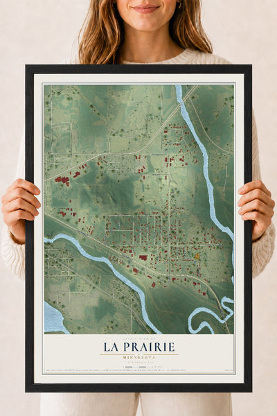 Map of La Prairie, Minnesota, 18 x 24 inch print in a black wood frame