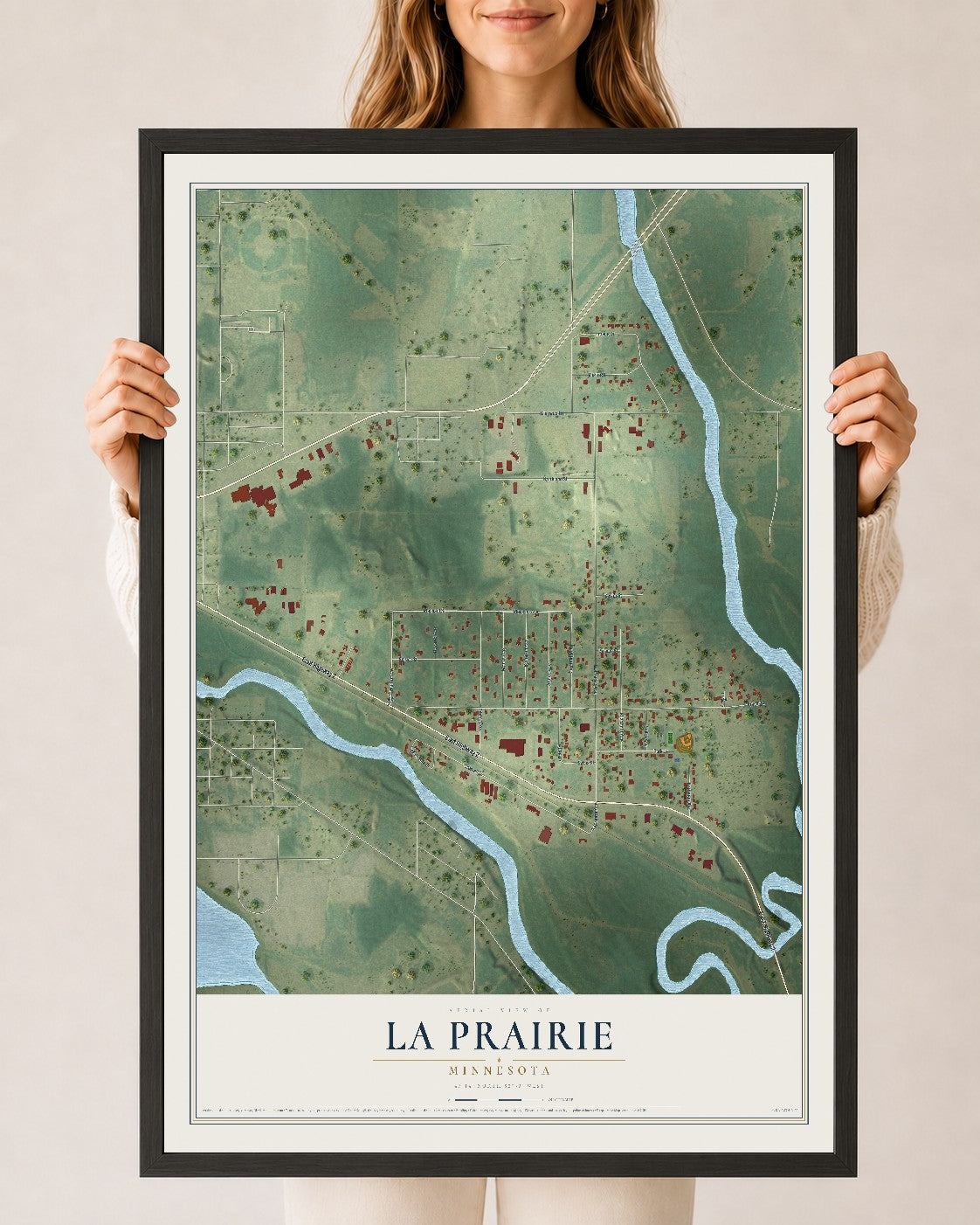 Map of La Prairie, Minnesota, 24 x 36 inch print in a black wood frame