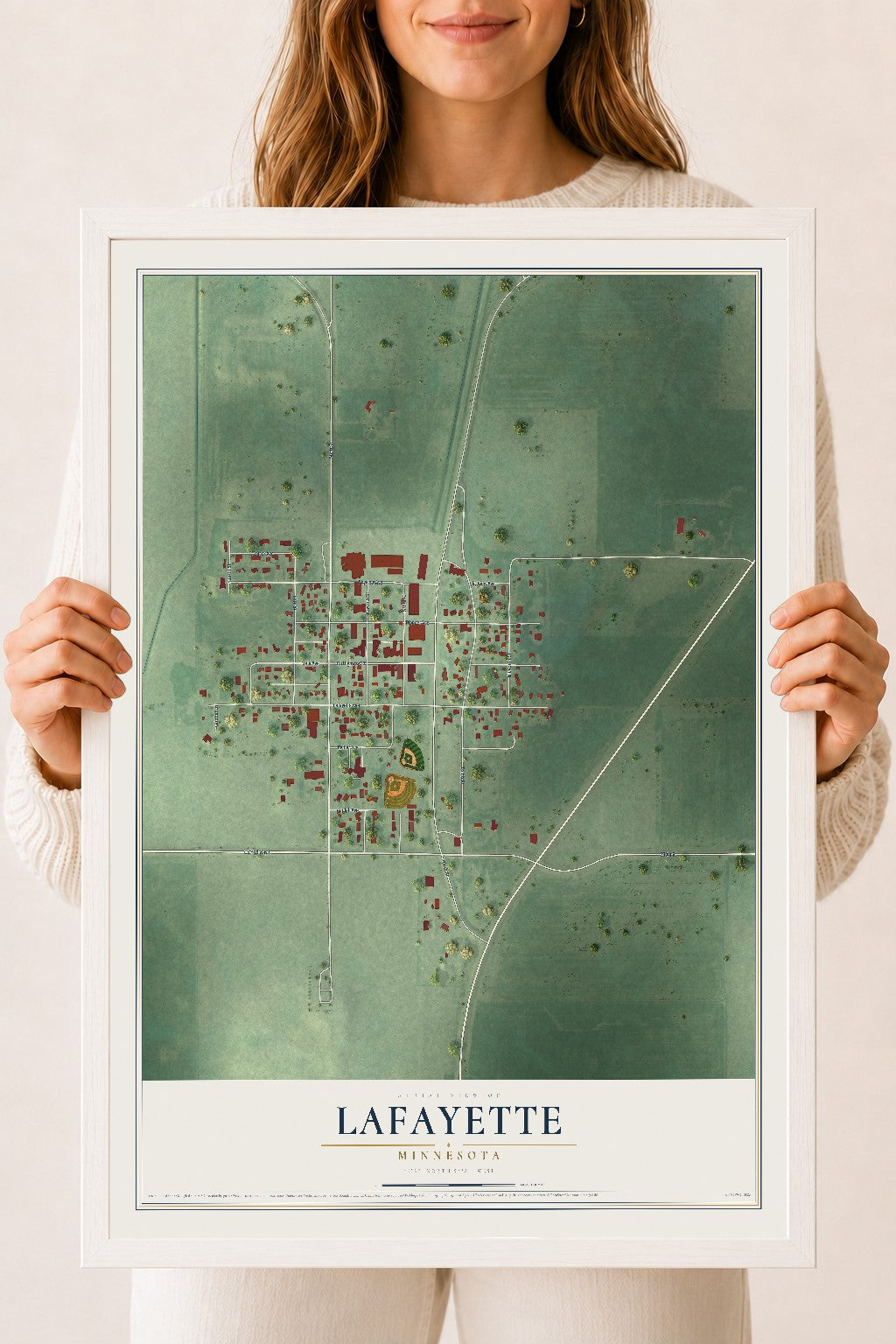 Map of Lafayette, Minnesota, 18 x 24 inch print in a white wood frame