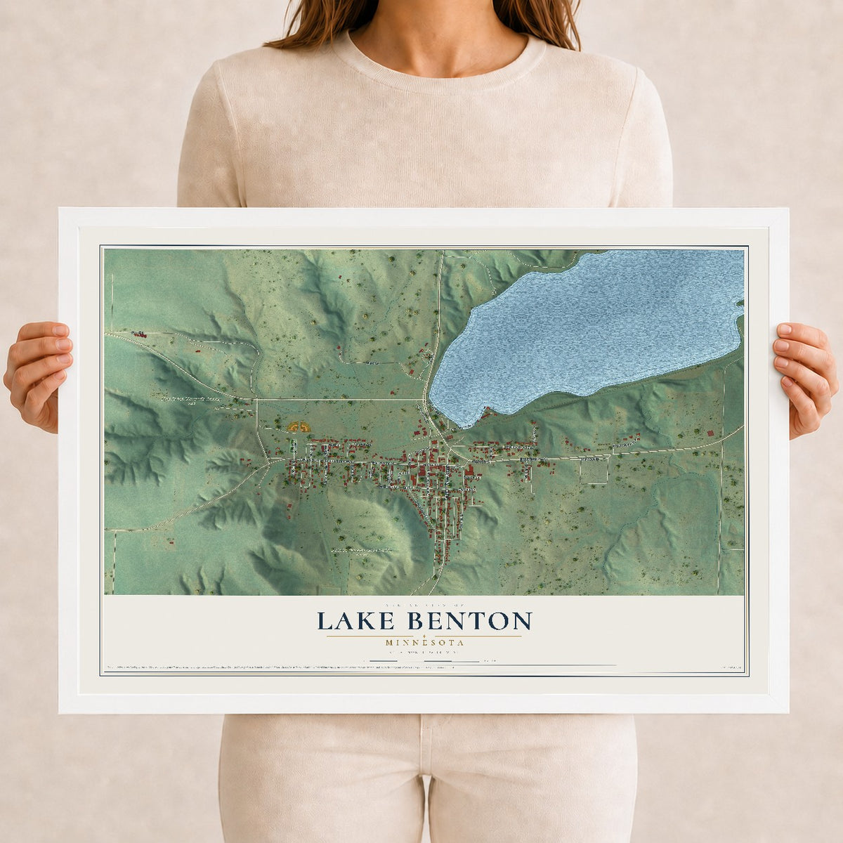 Map of Lake Benton, Minnesota, 12 x 18 inch print in a white wood frame