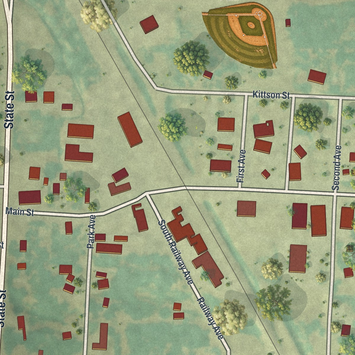 Close-up of the map of Lake Bronson, Minnesota print showing street and building detail