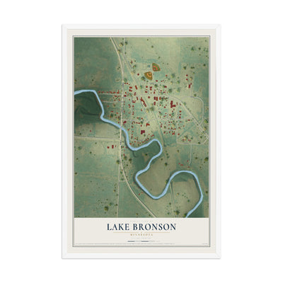 Map of Lake Bronson, Minnesota, 12 x 18 inch print in a white wood frame