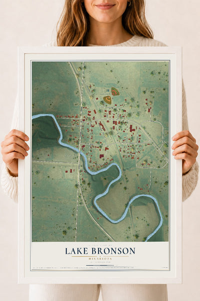 Map of Lake Bronson, Minnesota, 18 x 24 inch print in a white wood frame