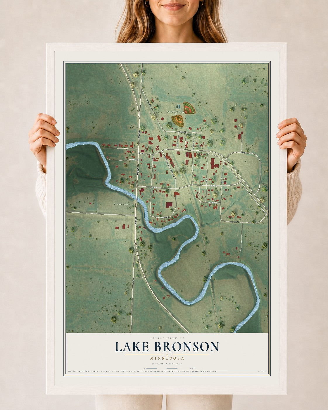 Map of Lake Bronson, Minnesota, 24 x 36 inch print in a white wood frame