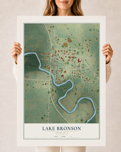 Map of Lake Bronson, Minnesota, 24 x 36 inch print in a white wood frame