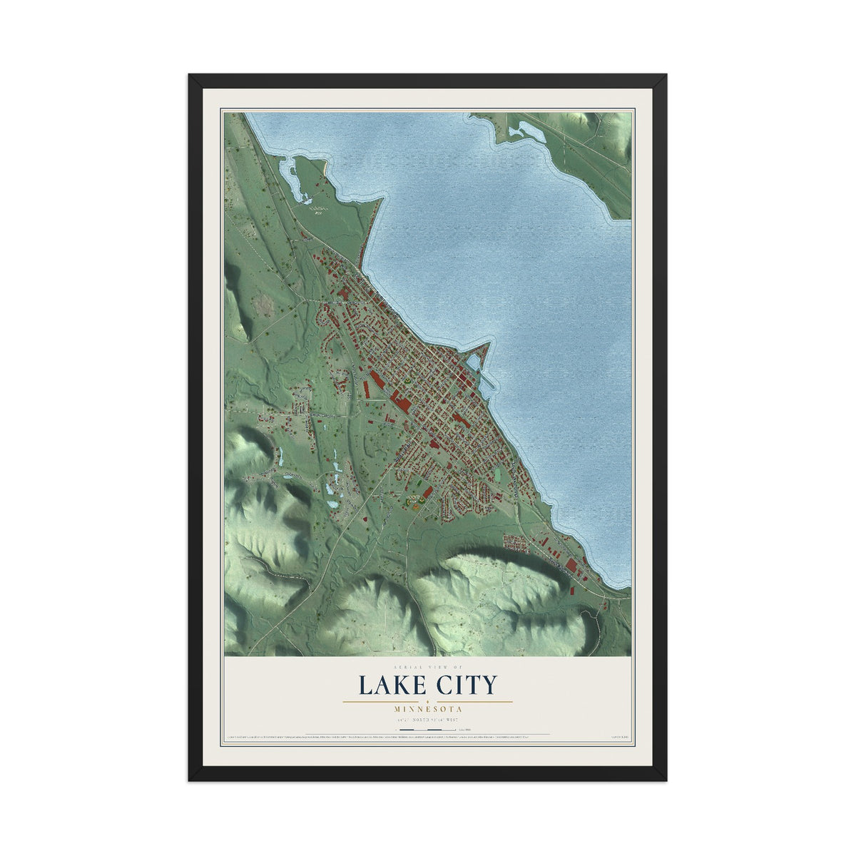 Map of Lake City, Minnesota, 12 x 18 inch print in a black wood frame