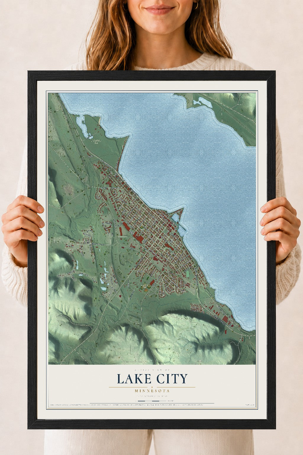 Map of Lake City, Minnesota, 18 x 24 inch print in a black wood frame