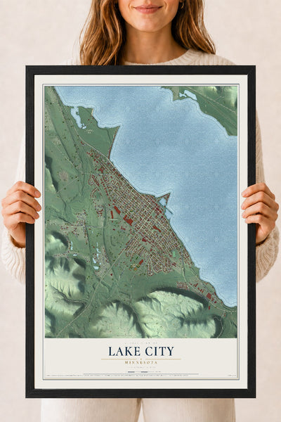 Map of Lake City, Minnesota, 18 x 24 inch print in a black wood frame