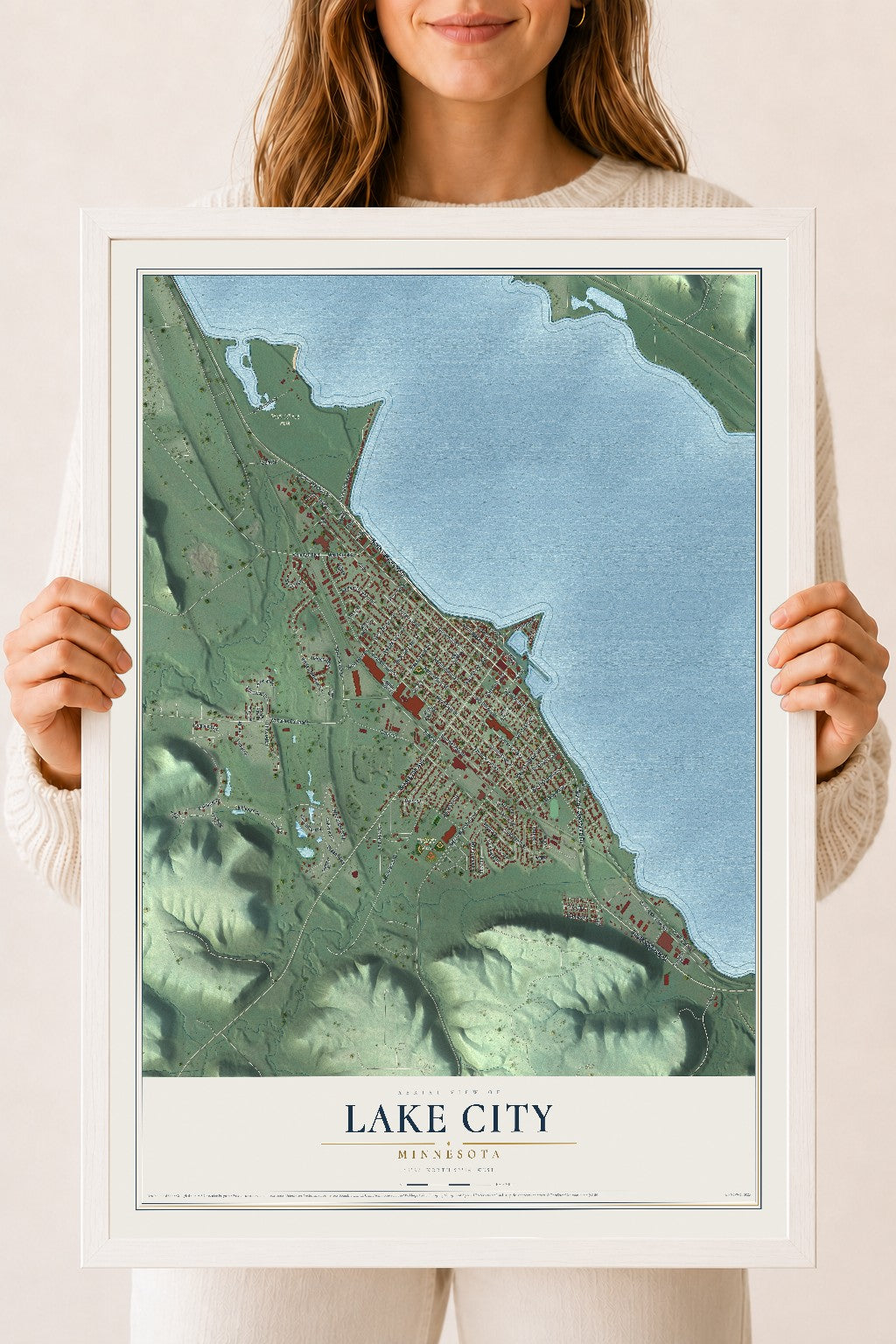 Map of Lake City, Minnesota, 18 x 24 inch print in a white wood frame