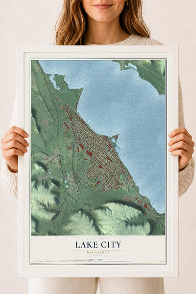 Map of Lake City, Minnesota, 18 x 24 inch print in a white wood frame