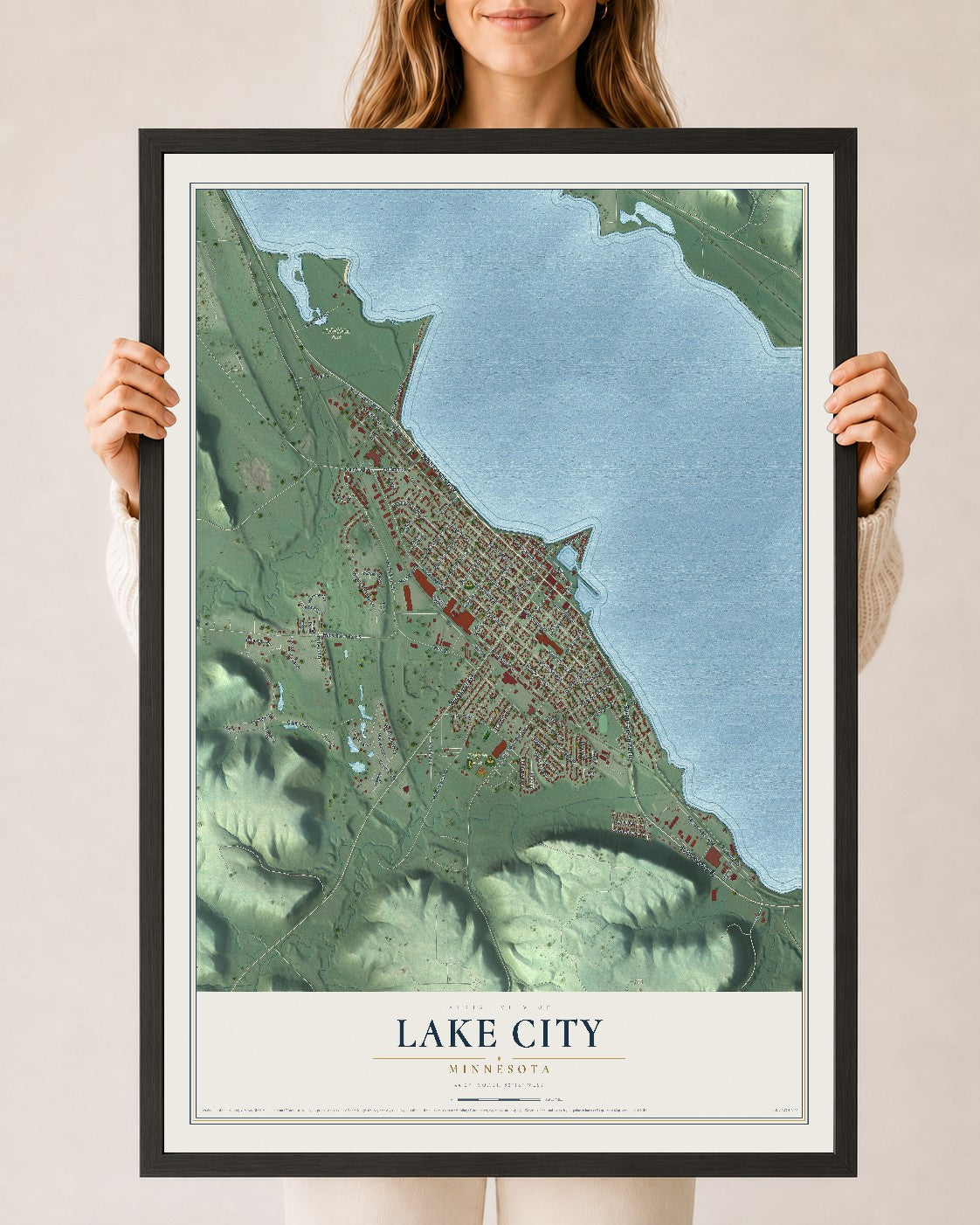 Map of Lake City, Minnesota, 24 x 36 inch print in a black wood frame