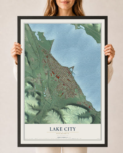 Map of Lake City, Minnesota, 24 x 36 inch print in a black wood frame