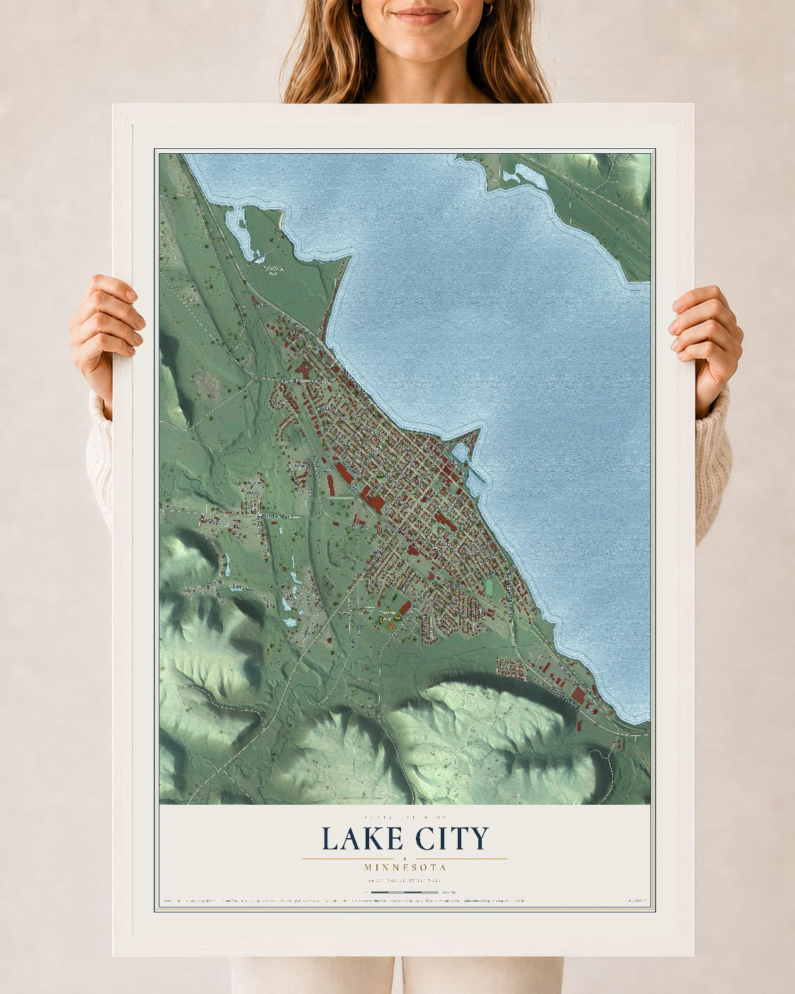 Map of Lake City, Minnesota, 24 x 36 inch print in a white wood frame