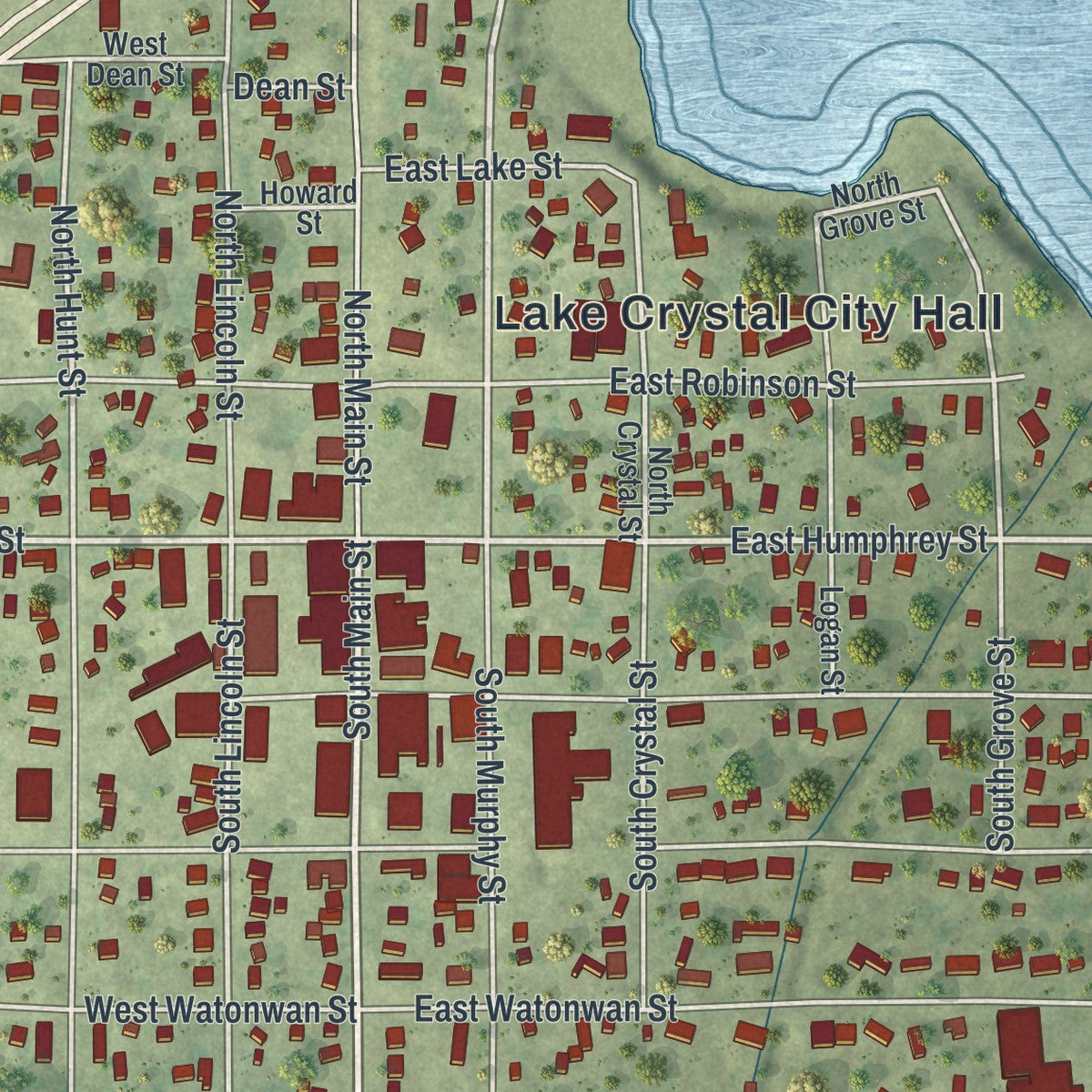 Close-up of the map of Lake Crystal, Minnesota print showing street and building detail
