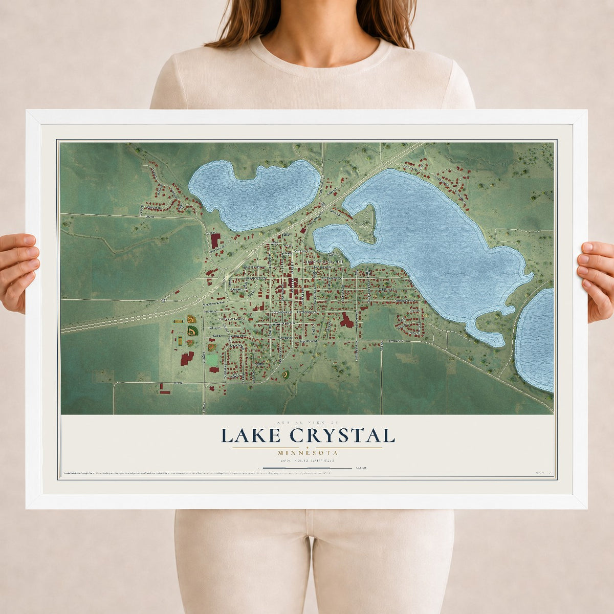Map of Lake Crystal, Minnesota, 18 x 24 inch print in a white wood frame