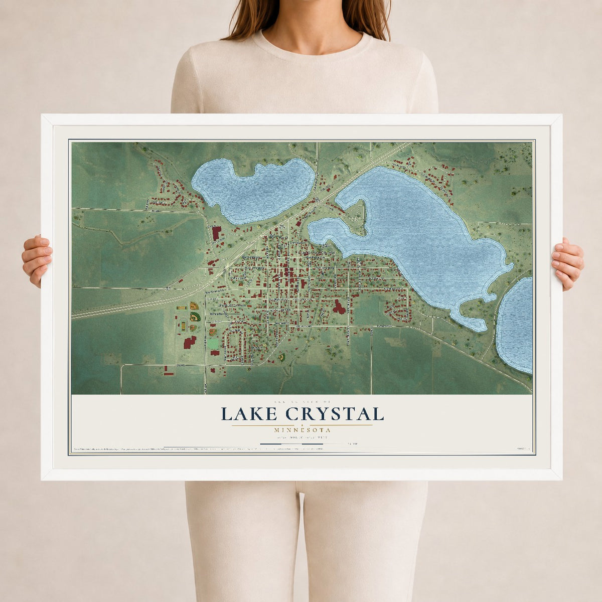 Map of Lake Crystal, Minnesota, 24 x 36 inch print in a white wood frame